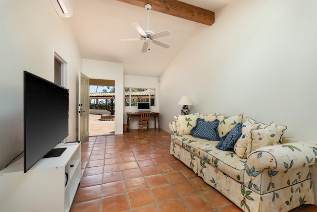1060 Ladera Ln, Santa Barbara, CA 93108 - living room featuring high vaulted ceiling, ceiling fan, light tile patterned floors, an AC wall unit, and beam ceiling