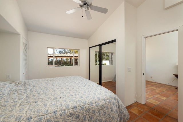 1060 Ladera Ln, Santa Barbara, CA 93108 - tiled bedroom with ceiling fan, lofted ceiling, and multiple closets