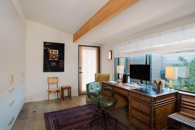 216 E Matilija St, Ojai, CA 93023 - office area with light wood-style floors and vaulted ceiling with beams