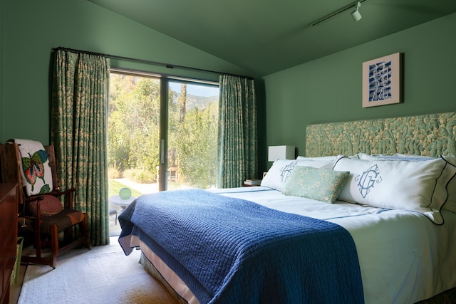 216 E Matilija St, Ojai, CA 93023 - bedroom featuring carpet floors, track lighting, and lofted ceiling