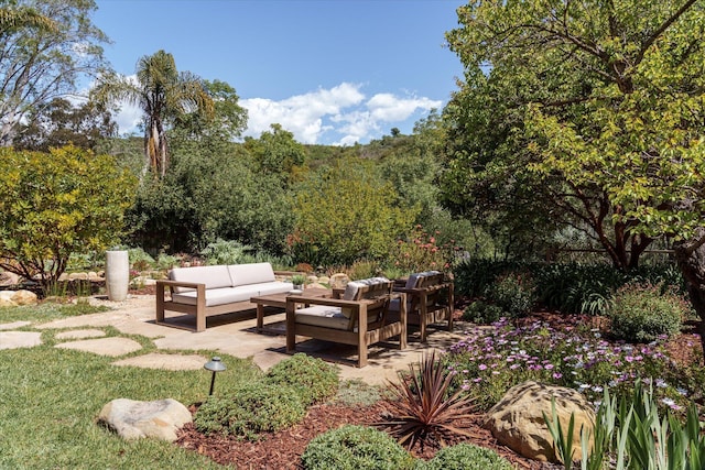 view of yard with outdoor lounge area and a patio