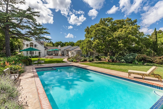 935 Arcady Rd, Santa Barbara, CA 93108 - outdoor pool with a patio and a lawn