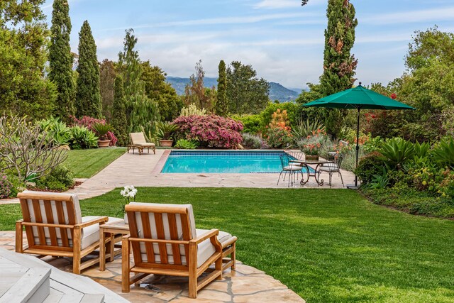 935 Arcady Rd, Santa Barbara, CA 93108 - outdoor pool with a patio area, a mountain view, and a lawn