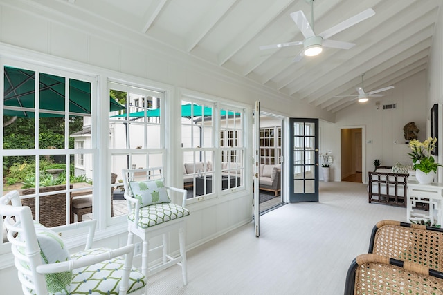 935 Arcady Rd, Santa Barbara, CA 93108 - sunroom / solarium with visible vents, a ceiling fan, and beamed ceiling