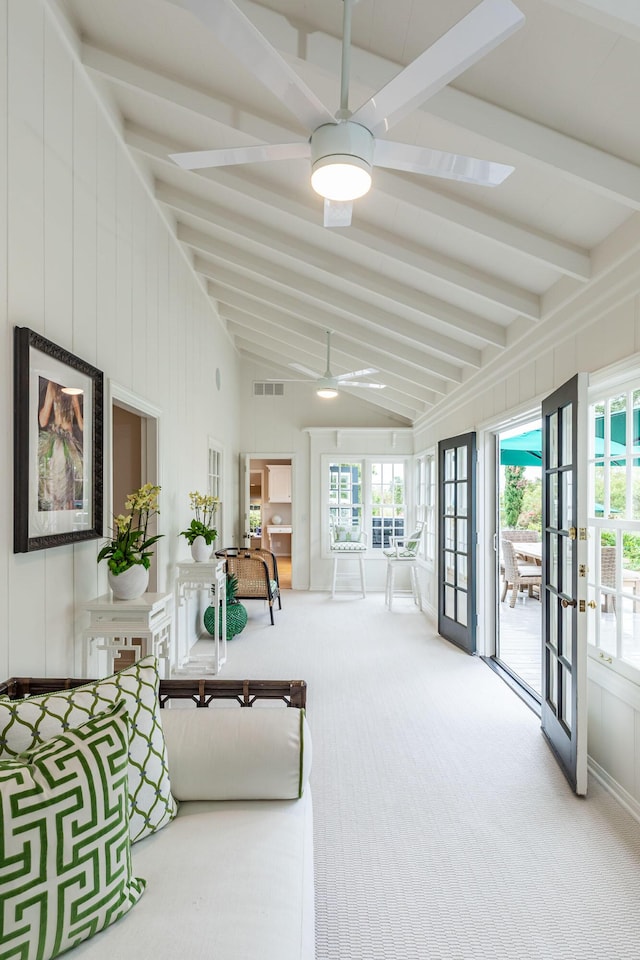 935 Arcady Rd, Santa Barbara, CA 93108 - carpeted living area with french doors, vaulted ceiling with beams, visible vents, and a ceiling fan