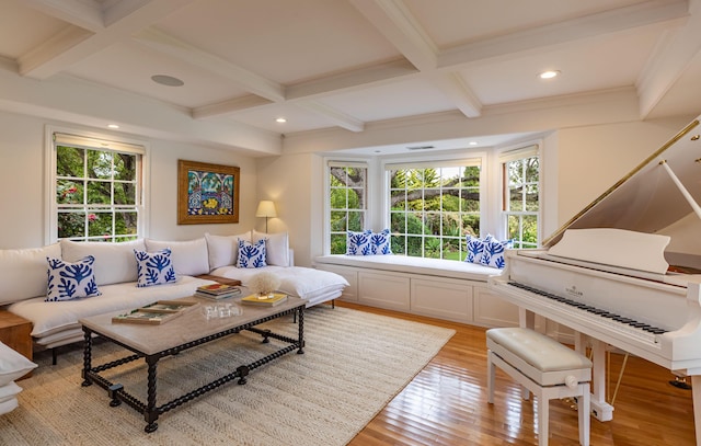935 Arcady Rd, Santa Barbara, CA 93108 - living area with beamed ceiling, coffered ceiling, and light wood-style floors