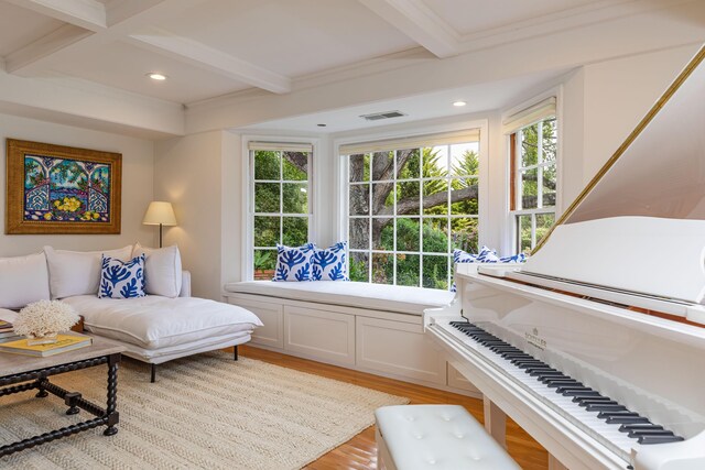 935 Arcady Rd, Santa Barbara, CA 93108 - living area with visible vents, light wood-style flooring, plenty of natural light, and beamed ceiling