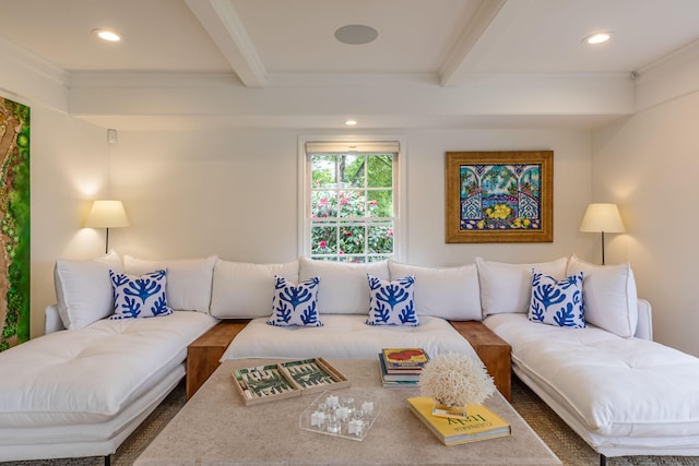 935 Arcady Rd, Santa Barbara, CA 93108 - living area with recessed lighting, ornamental molding, and beam ceiling