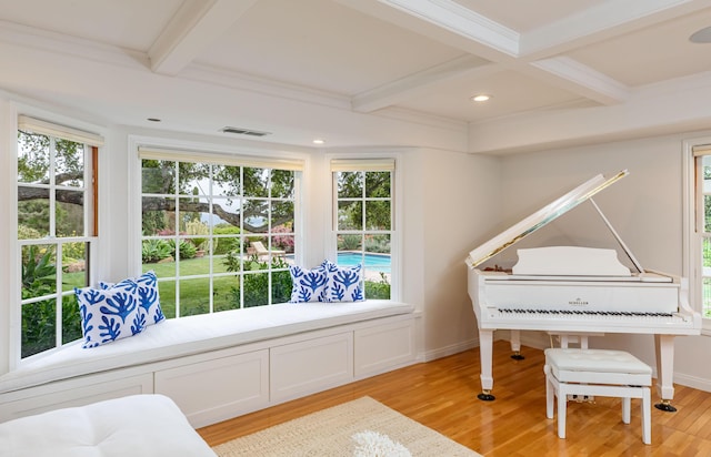 935 Arcady Rd, Santa Barbara, CA 93108 - sitting room with coffered ceiling, light wood-style floors, and a healthy amount of sunlight
