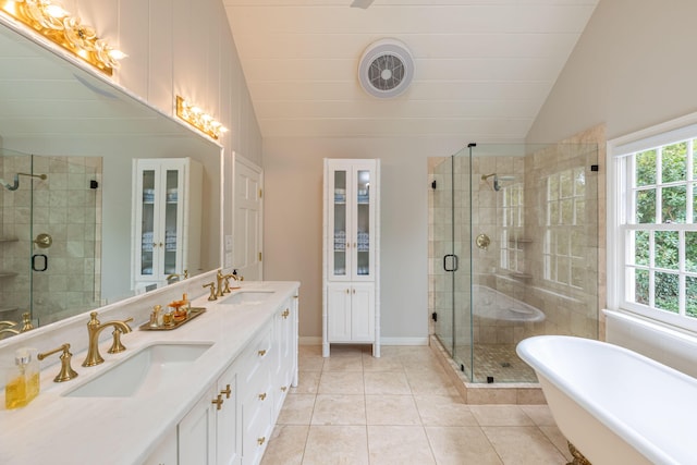 935 Arcady Rd, Santa Barbara, CA 93108 - bathroom featuring a stall shower, a sink, tile patterned flooring, and vaulted ceiling