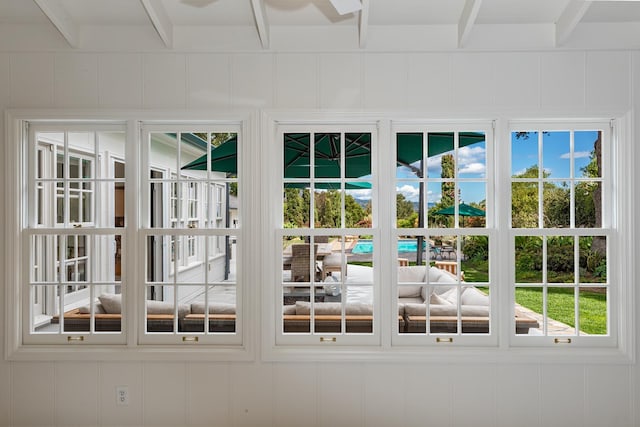 935 Arcady Rd, Santa Barbara, CA 93108 - doorway to outside featuring beam ceiling