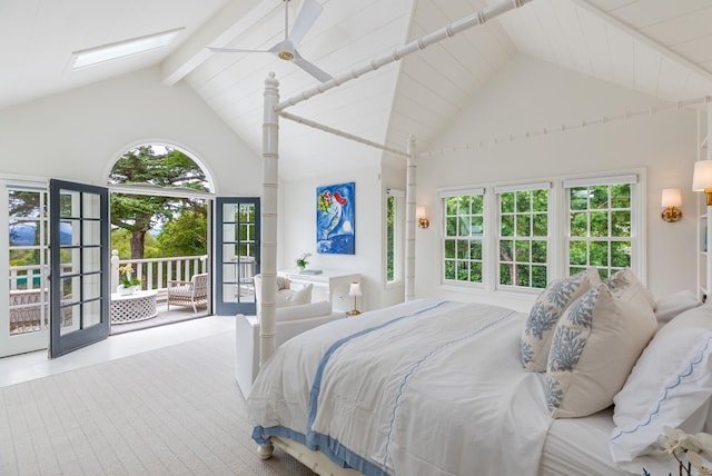 935 Arcady Rd, Santa Barbara, CA 93108 - bedroom featuring high vaulted ceiling, access to exterior, and beamed ceiling