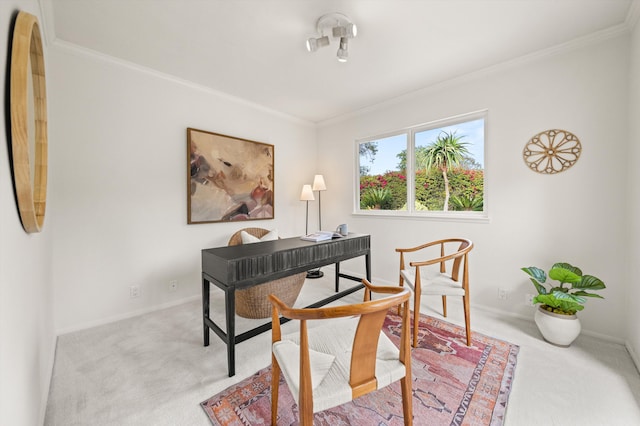 office area with baseboards, crown molding, and carpet flooring