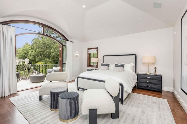 2084 E Valley Rd, Montecito, CA 93108 - bedroom with baseboards, access to outside, wood finished floors, and vaulted ceiling