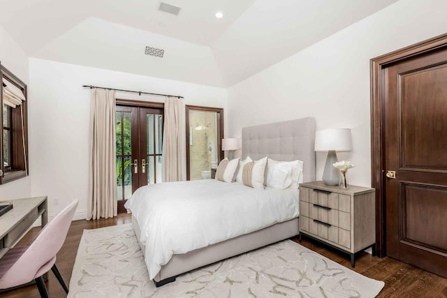 2084 E Valley Rd, Montecito, CA 93108 - bedroom featuring access to outside, vaulted ceiling, visible vents, french doors, and dark wood-style floors