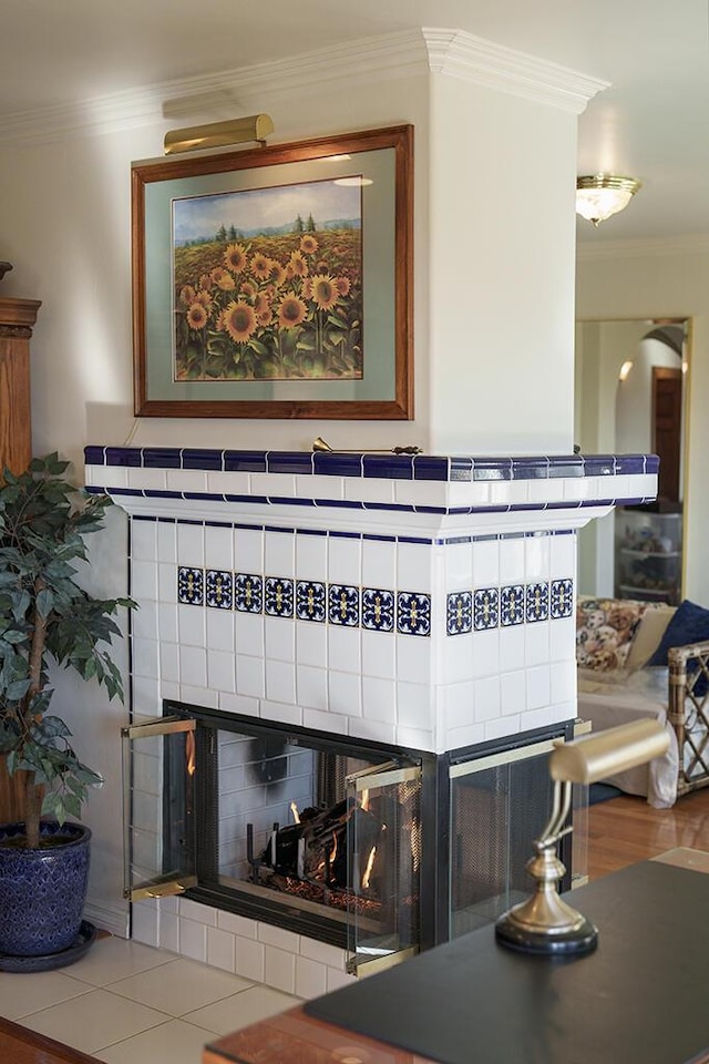 details featuring a fireplace and crown molding