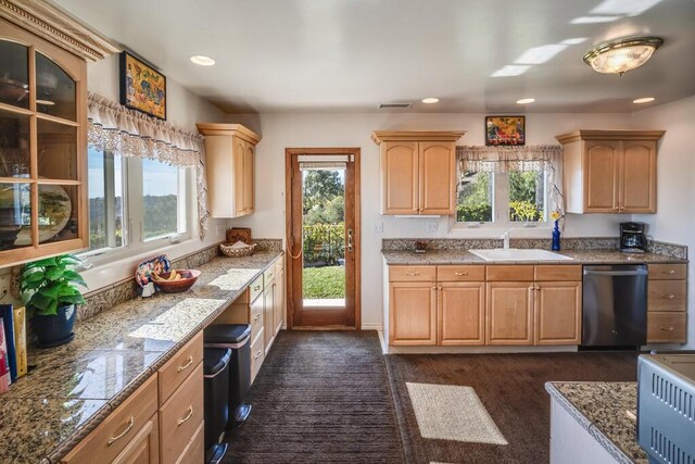 kitchen featuring visible vents, plenty of natural light, a sink, light brown cabinetry, and stainless steel dishwasher