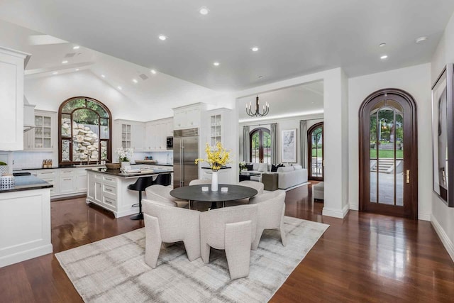 2084 E Valley Rd Unit 1, Santa Barbara, CA 93108 - dining space featuring dark wood-style floors, lofted ceiling, and recessed lighting