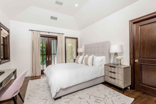 2084 E Valley Rd Unit 1, Santa Barbara, CA 93108 - bedroom featuring access to outside, dark wood-type flooring, vaulted ceiling, visible vents, and french doors