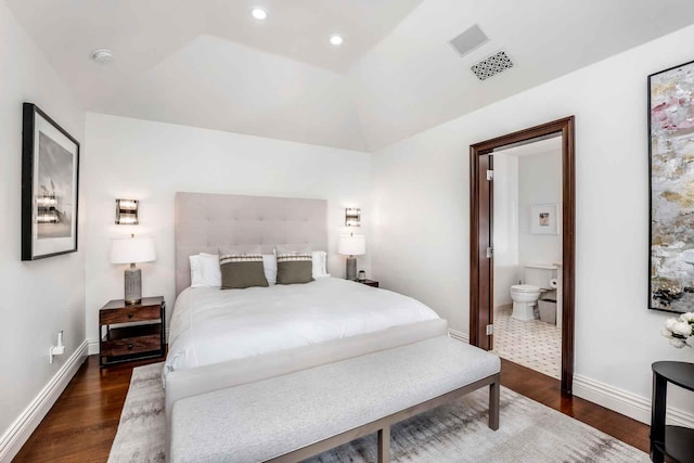 2084 E Valley Rd Unit 1, Santa Barbara, CA 93108 - bedroom with connected bathroom, vaulted ceiling, recessed lighting, wood finished floors, and baseboards