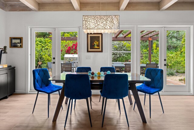 1435 Sycamore Canyon Rd, Santa Barbara, CA 93108 - dining space with french doors, light wood finished floors, beam ceiling, and baseboards