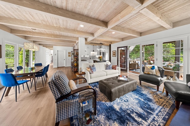 1435 Sycamore Canyon Rd, Santa Barbara, CA 93108 - living area featuring light wood-style flooring, beamed ceiling, wooden ceiling, healthy amount of natural light, and recessed lighting
