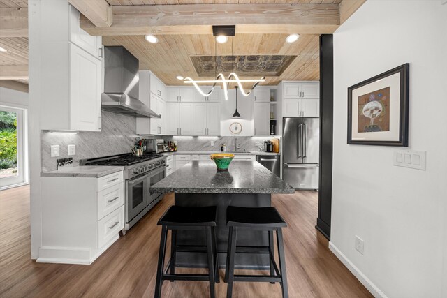 1435 Sycamore Canyon Rd, Santa Barbara, CA 93108 - kitchen with premium appliances, wall chimney range hood, wood ceiling, white cabinets, and tasteful backsplash