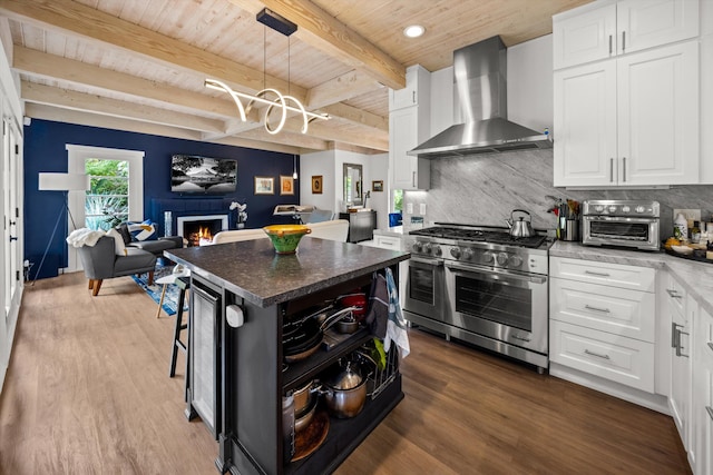 1435 Sycamore Canyon Rd, Santa Barbara, CA 93108 - kitchen featuring double oven range, wall chimney exhaust hood, wood ceiling, open floor plan, and dark wood-type flooring