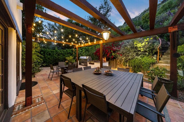 1435 Sycamore Canyon Rd, Santa Barbara, CA 93108 - view of patio / terrace with outdoor dining area, a grill, stairway, area for grilling, and a pergola