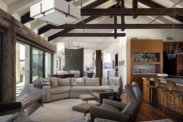 2794 Kara Ln, Solvang, CA 93463 - living room with high vaulted ceiling, dark wood-type flooring, a bar, and beam ceiling