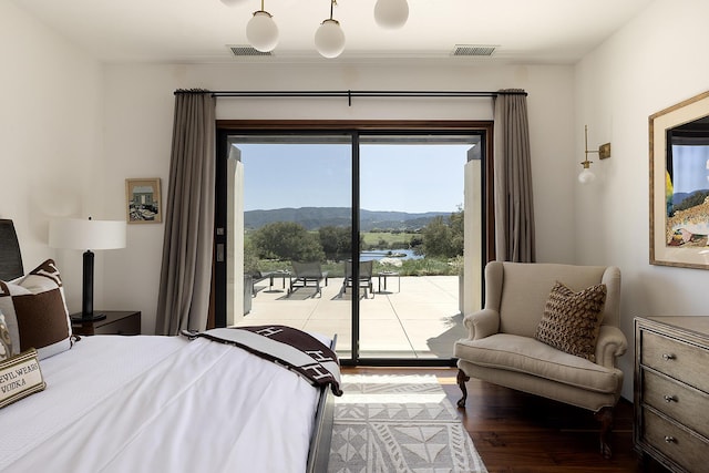 2794 Kara Ln, Solvang, CA 93463 - bedroom with visible vents, access to exterior, a mountain view, and wood finished floors
