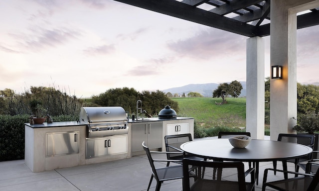 2794 Kara Ln, Solvang, CA 93463 - view of patio / terrace featuring area for grilling, a pergola, grilling area, a mountain view, and outdoor dining area