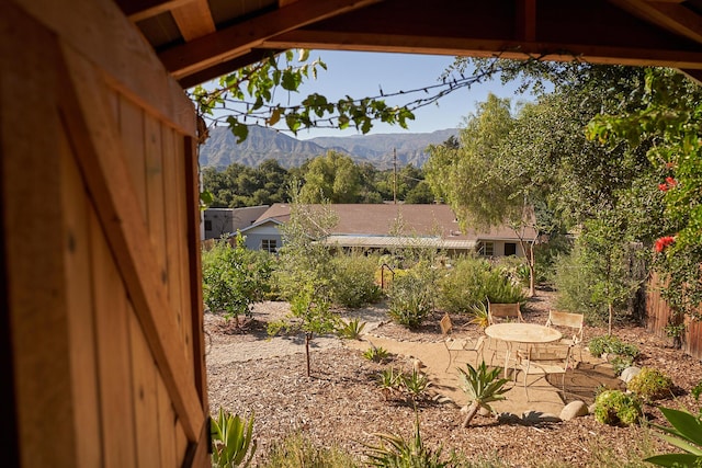 view of yard featuring a mountain view and a patio