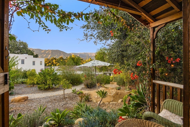 view of yard featuring a mountain view and fence