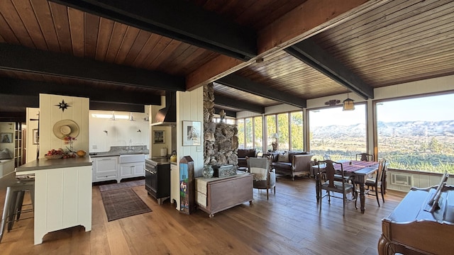 2852 Tapadero Rd, Solvang, CA 93463 - living room with dark wood-style floors, visible vents, wooden ceiling, beamed ceiling, and a mountain view