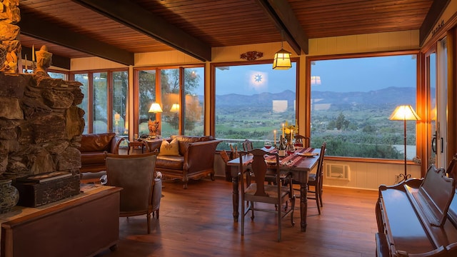 2852 Tapadero Rd, Solvang, CA 93463 - sunroom / solarium featuring beamed ceiling, a deck with mountain view, hardwood / wood-style floors, and wood ceiling