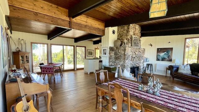 2852 Tapadero Rd, Solvang, CA 93463 - dining room with a fireplace, wood finished floors, beam ceiling, and wooden ceiling