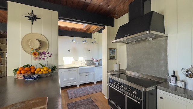2852 Tapadero Rd, Solvang, CA 93463 - kitchen featuring a sink, extractor fan, a skylight, beamed ceiling, and wood finished floors
