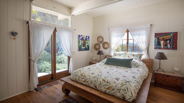 2852 Tapadero Rd, Solvang, CA 93463 - bedroom featuring wood finished floors, beam ceiling, and multiple windows