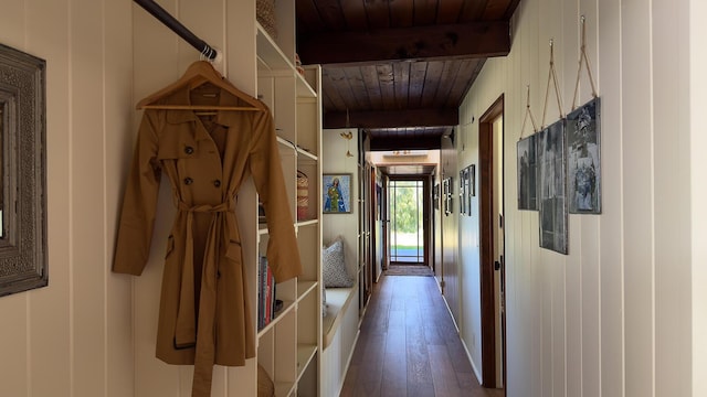 2852 Tapadero Rd, Solvang, CA 93463 - hall with wood ceiling, hardwood / wood-style flooring, and beam ceiling