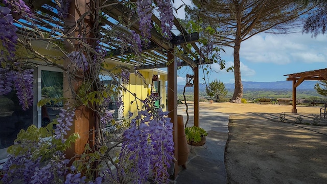 2852 Tapadero Rd, Solvang, CA 93463 - view of yard featuring a mountain view, a patio area, and a pergola