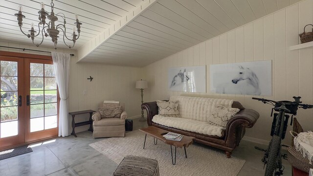 2852 Tapadero Rd, Solvang, CA 93463 - living area featuring an inviting chandelier, vaulted ceiling, french doors, baseboards, and wood ceiling