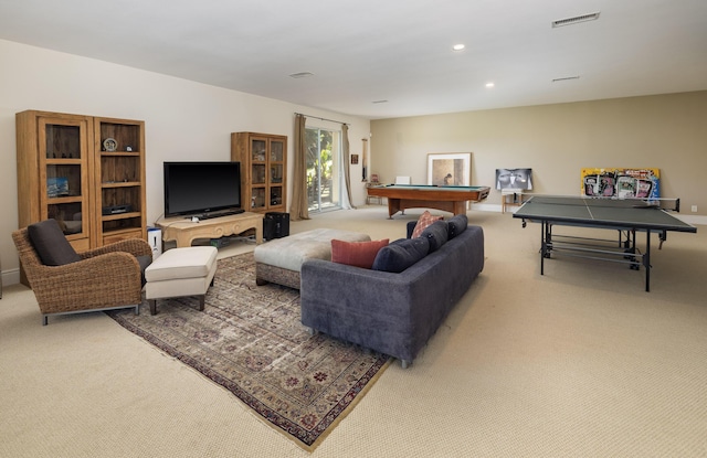 1776 Eucalyptus Hill Rd, Santa Barbara, CA 93103 - living room featuring light colored carpet, billiards table, and recessed lighting