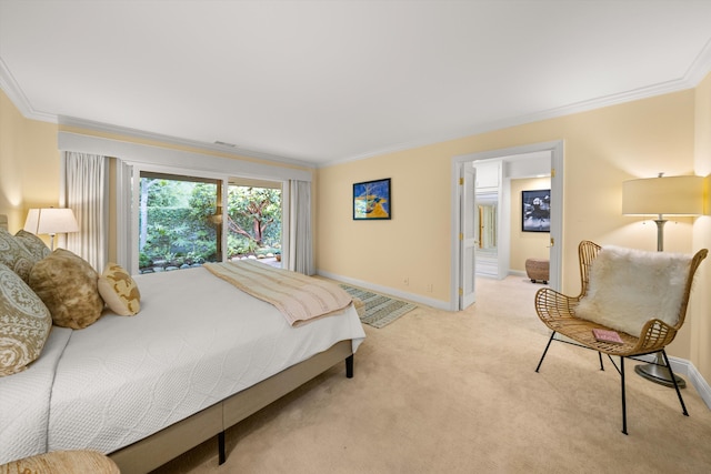 bedroom featuring baseboards, ornamental molding, and light carpet