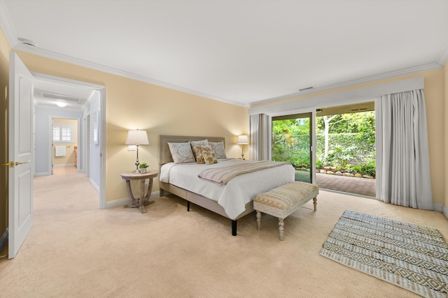 bedroom with baseboards, ornamental molding, access to exterior, and light colored carpet