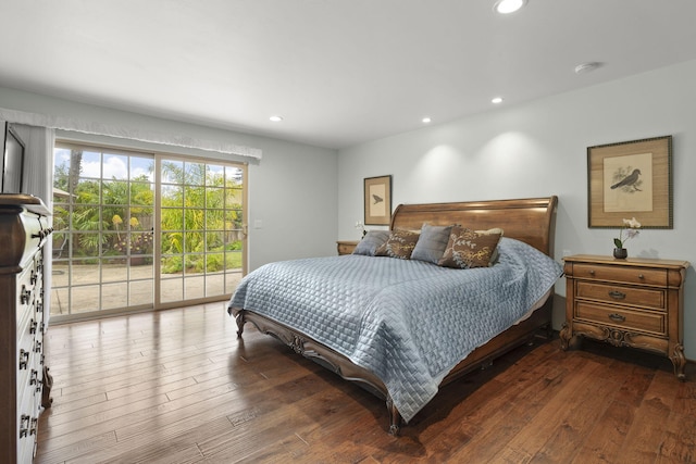 bedroom featuring recessed lighting, access to exterior, and hardwood / wood-style flooring
