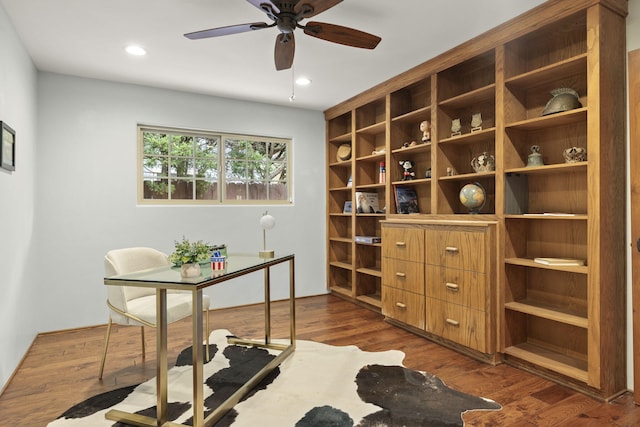 home office with recessed lighting, ceiling fan, and dark wood finished floors