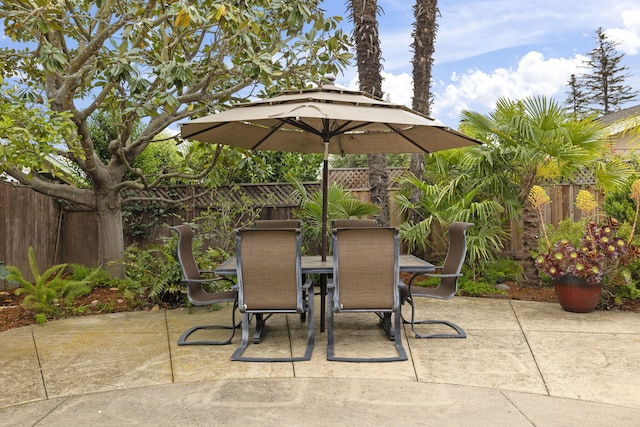 view of patio / terrace featuring a fenced backyard and outdoor dining area