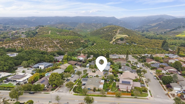 birds eye view of property with a mountain view and a residential view