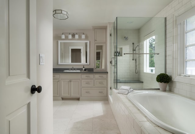 2749 Sycamore Canyon Rd, Santa Barbara, CA 93108 - full bath featuring vanity, a shower stall, tile patterned floors, and a bath